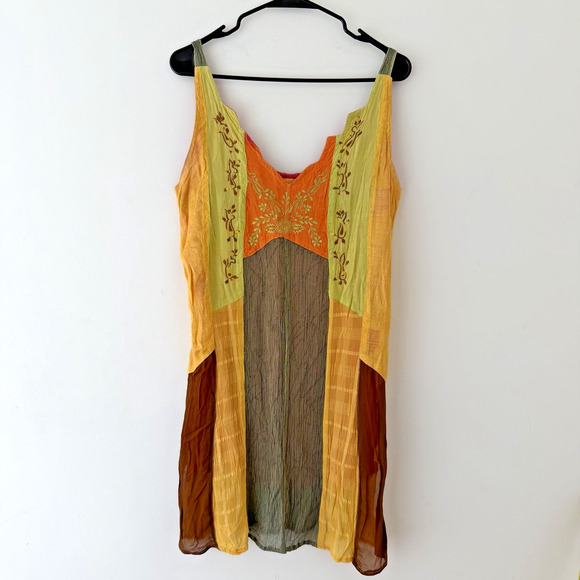 Boho Patchwork Silk Slip Dress Yellow Green Orange Floral Embroidery Festival M - Picture 1 of 7